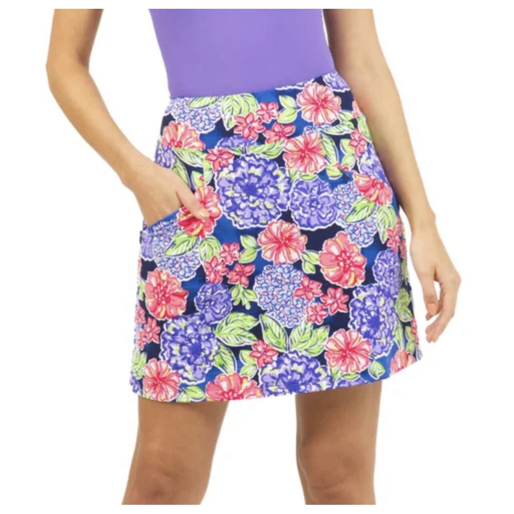 NWT IBKUL Purple Red Green Floral Pull on Skort Tennis Pickleball UPF 50 Pckt XL